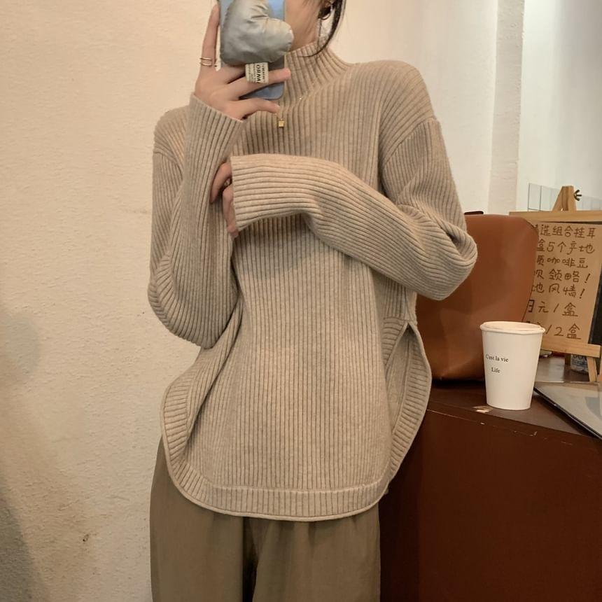 Mock Neck Plain Side-Slit Ribbed Sweater Product Image