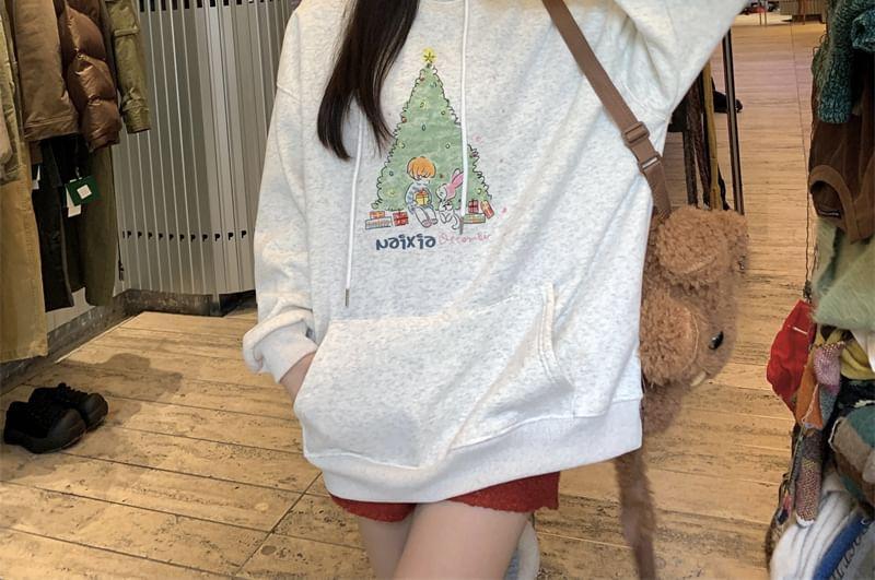 Drop Shoulder Drawstring Christmas Tree Print Oversized Hoodie Product Image