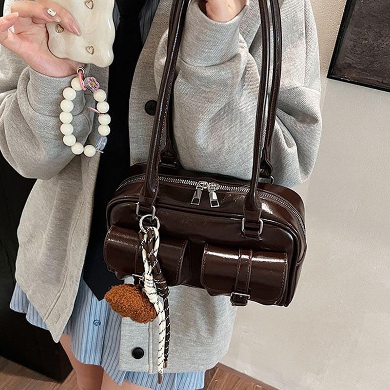 Multi-Pocket Faux Leather Tote Bag / Bag Charm / Set Product Image