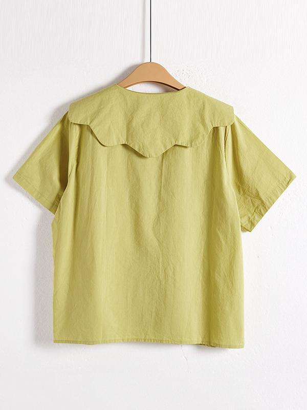 Loose Short Sleeves Solid Color Split-Joint Peter Pan Collar Blouses&Shirts Tops Product Image