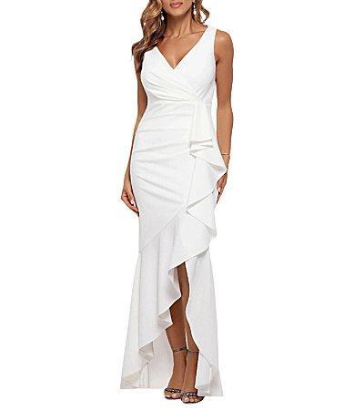 Betsy  Adam Sleeveless V-Neck Spiral Ruffle Cascade Gown Product Image