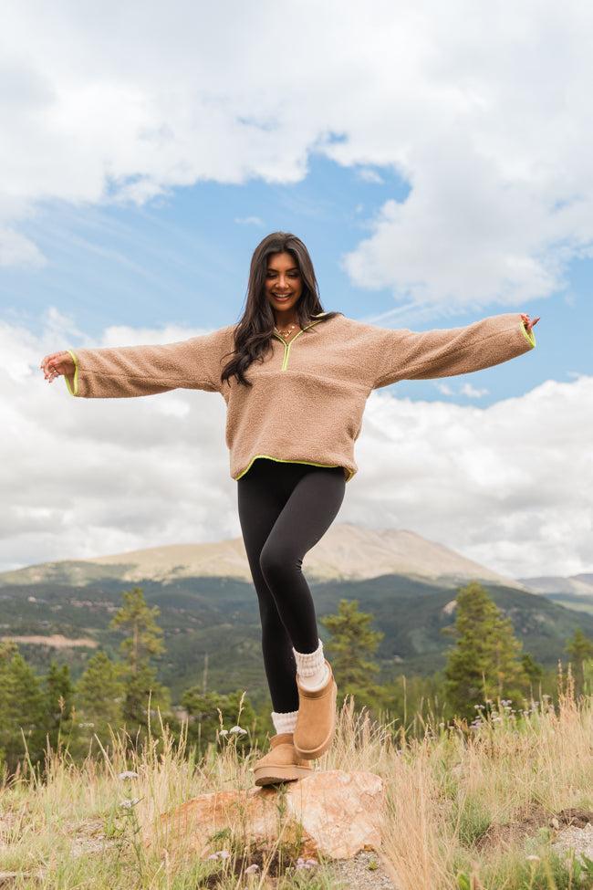 My Go To Taupe and Lime Sherpa Quarter Zip Hooded Pullover SALE Product Image