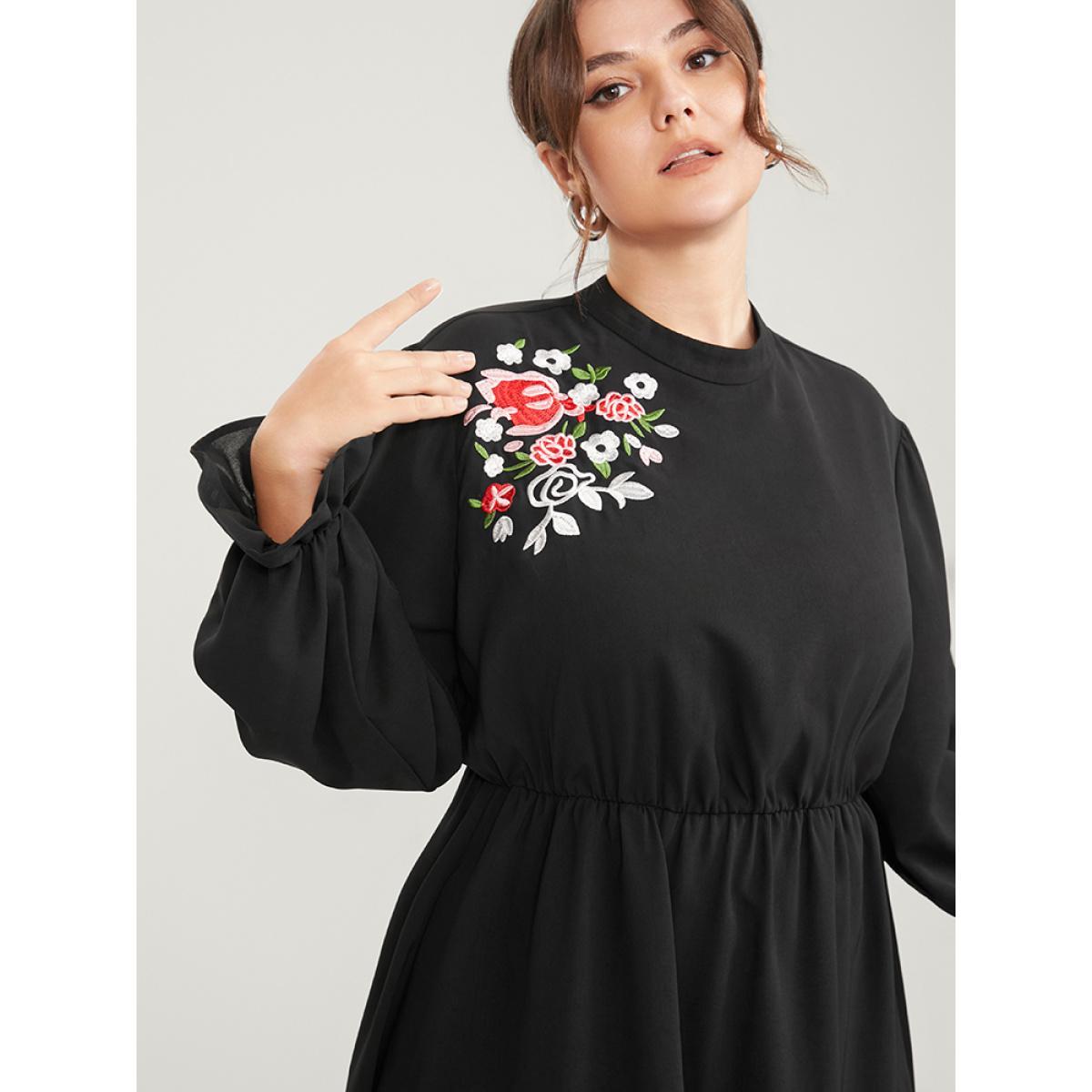 Plus Size Floral Embroidered Pocket Mock Neck Dress Black Women Office Embroidered Mock Neck Long Sleeve Curvy Midi Dress BloomChic 10/M Product Image