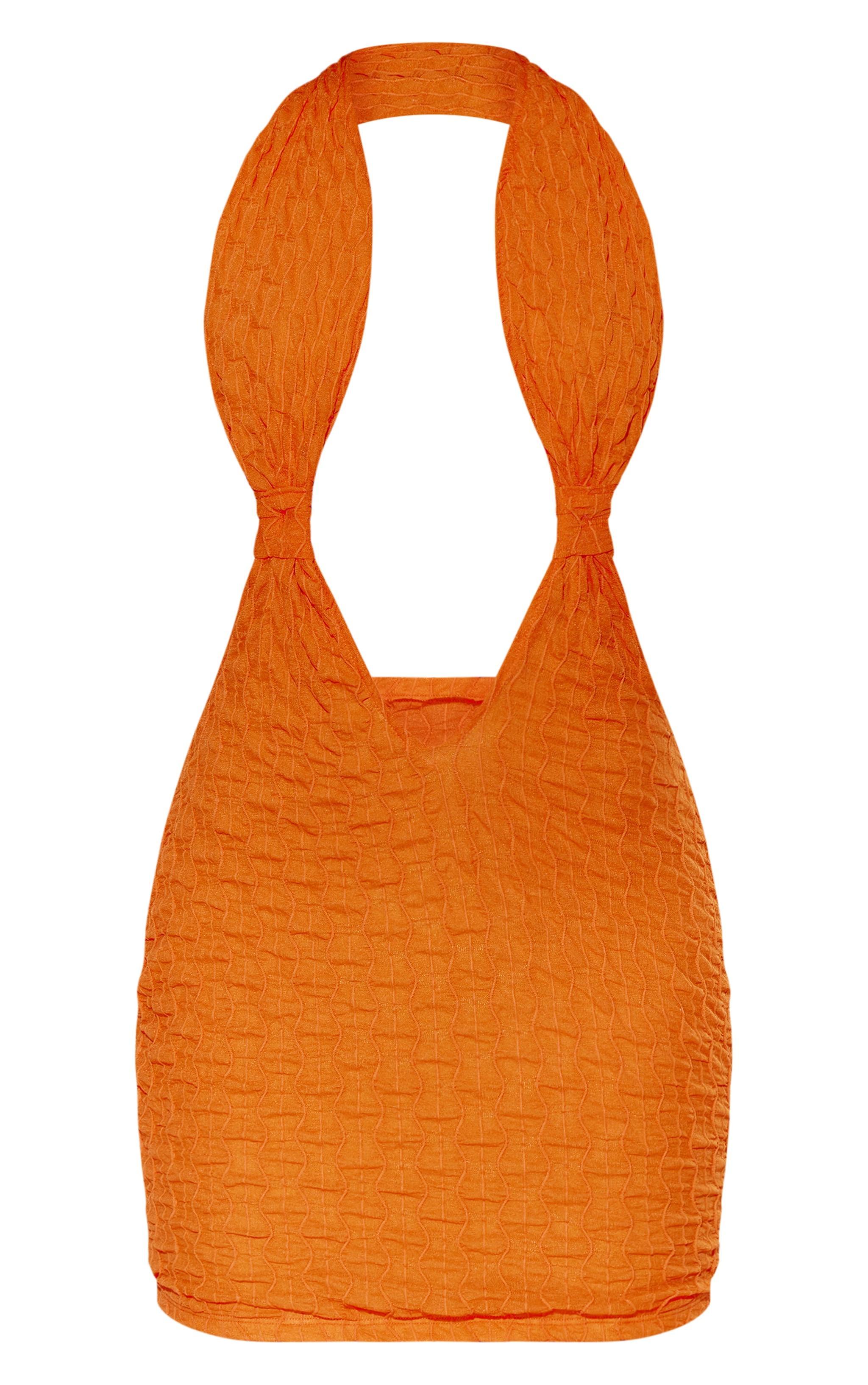 Bright Orange Bubble Texture Halterneck Plunge Bodycon Dress Product Image