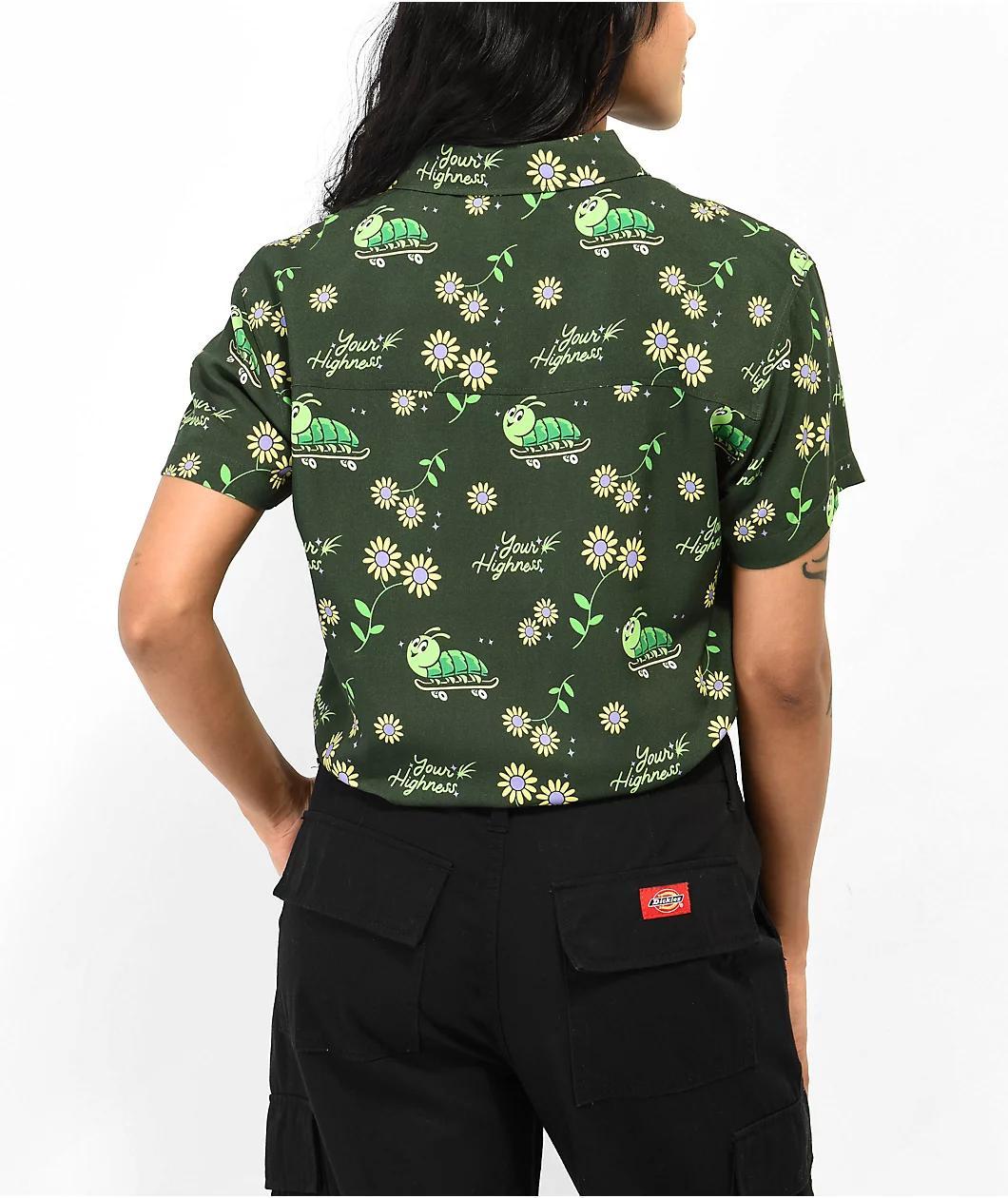 Your Highness Caterpillar Green Crop Button Up Shirt Product Image