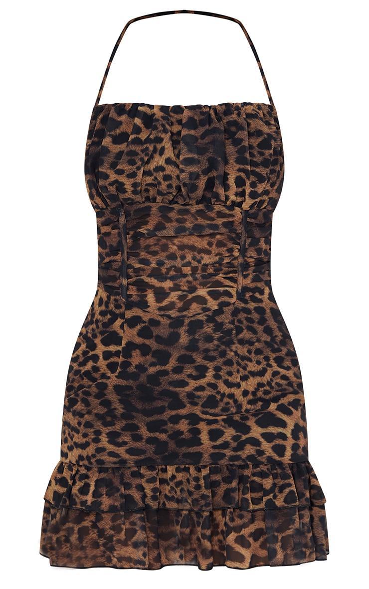 Dark Brown Leopard Print Woven Halterneck Frill Hem Bodycon Dress Product Image