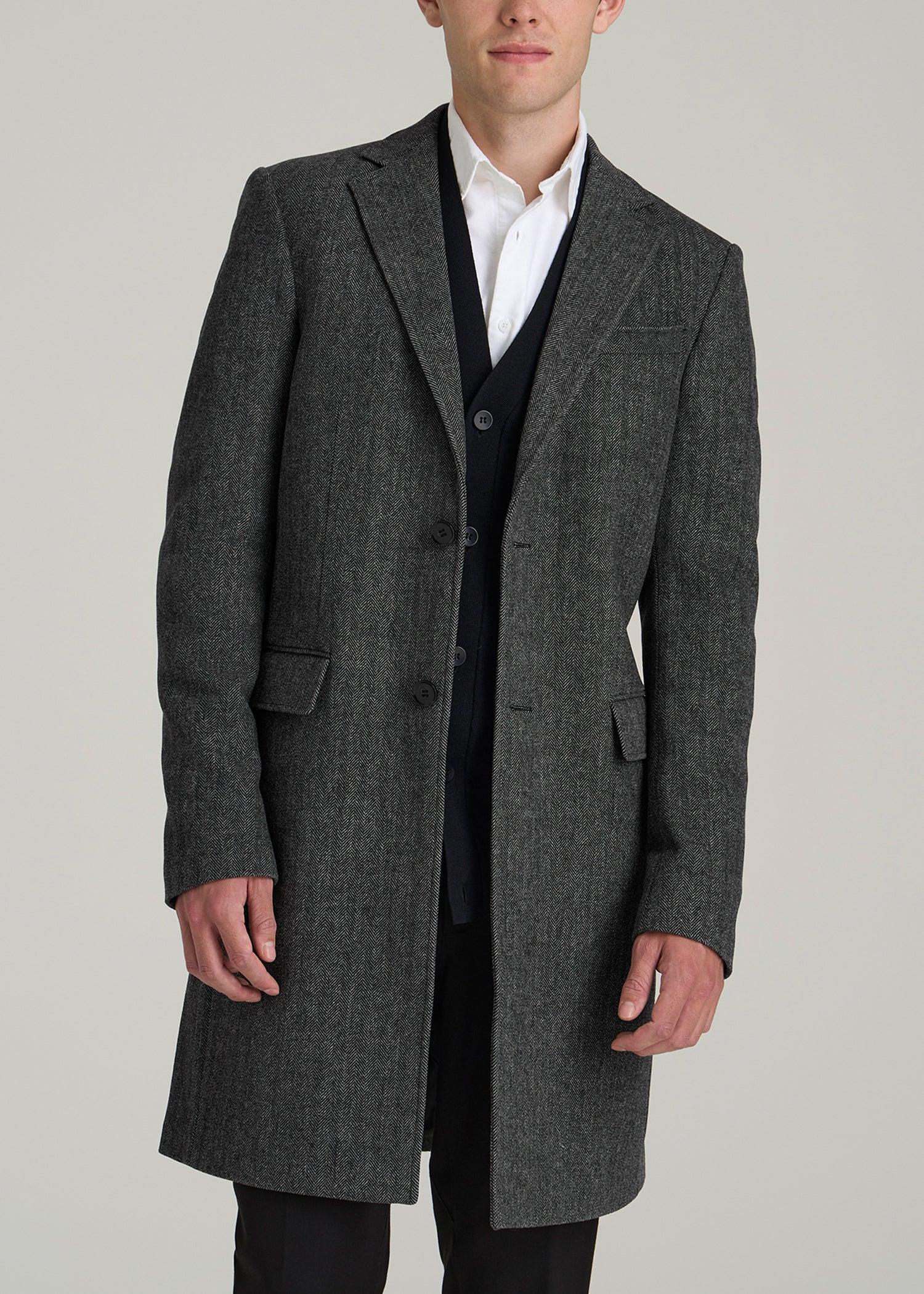 Wool Coat for Tall Men in Grey and Black Herringbone Product Image