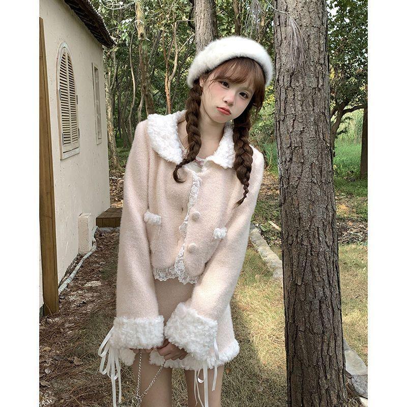 Collared Ruffle Pom Pom Bow Panel Button Jacket / High Waist Slit Mini A-Line Skirt / Set Product Image