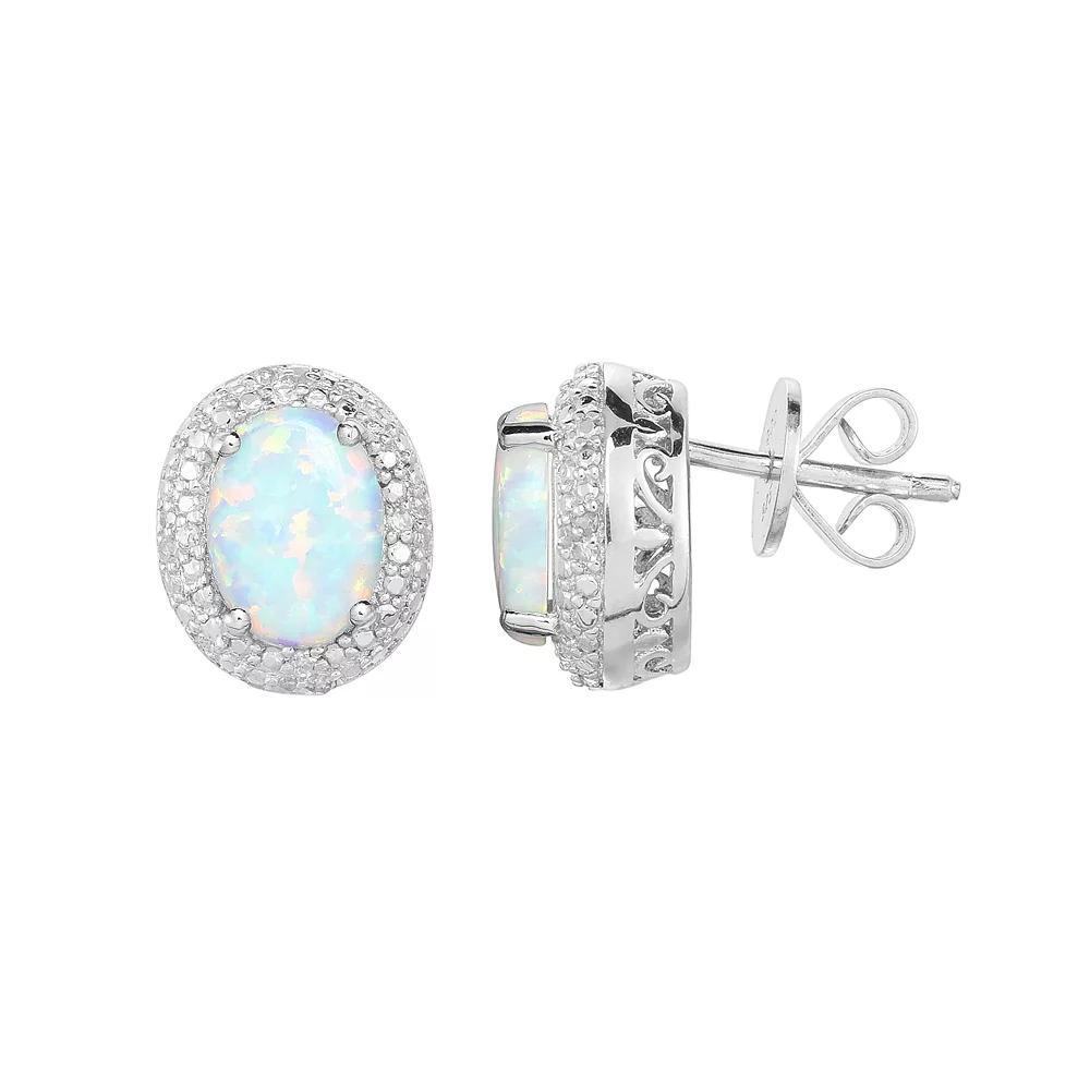 Oro Leoni Sterling Silver Lab-Created White Opal & 1/10 Carat T.W. Diamond Oval Halo Stud Earrings, Women's Product Image