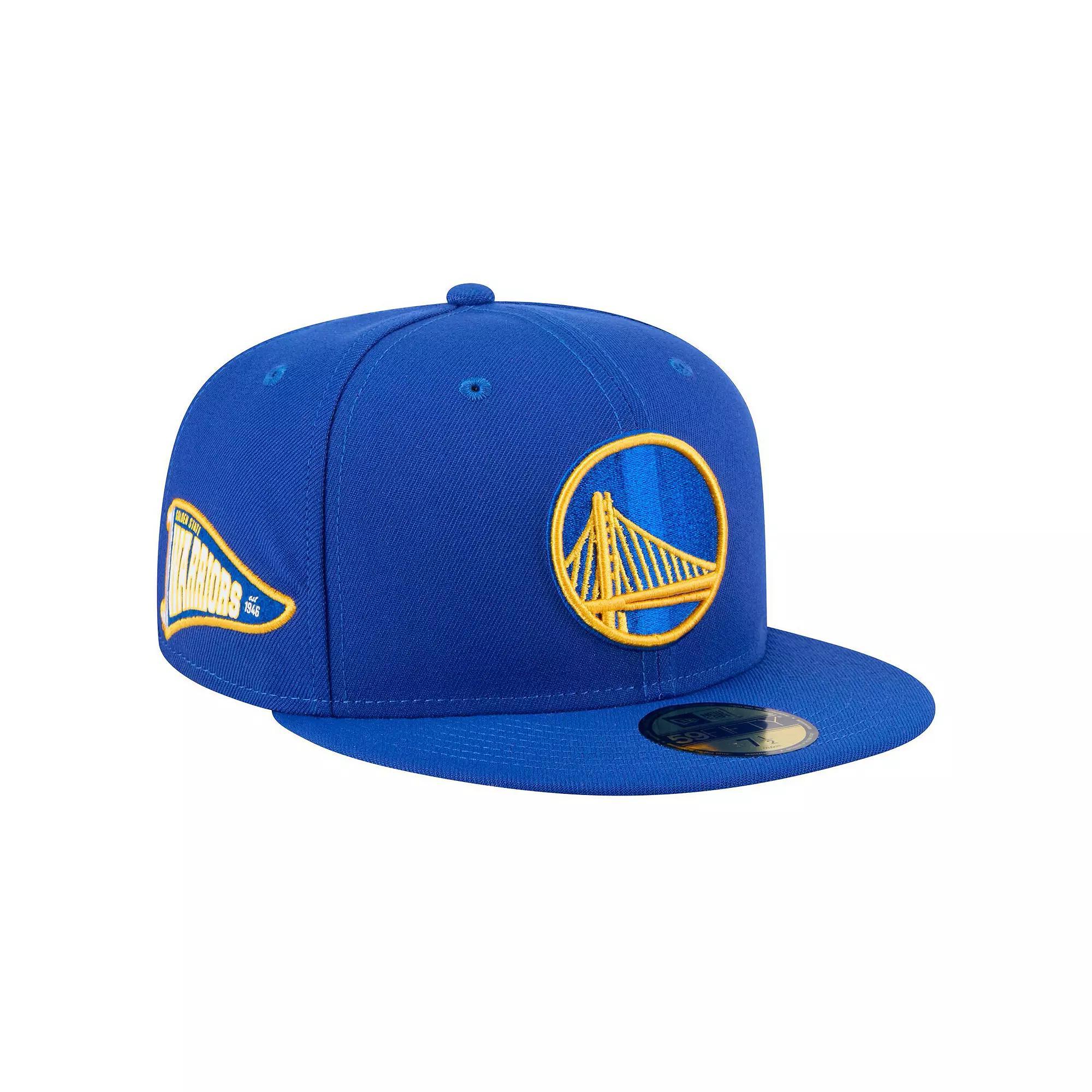 Men's New Era Royal Golden State Warriors Throwback Pennant 59FIFTY Fitted Hat, Size: 7 3/4, Blue Product Image