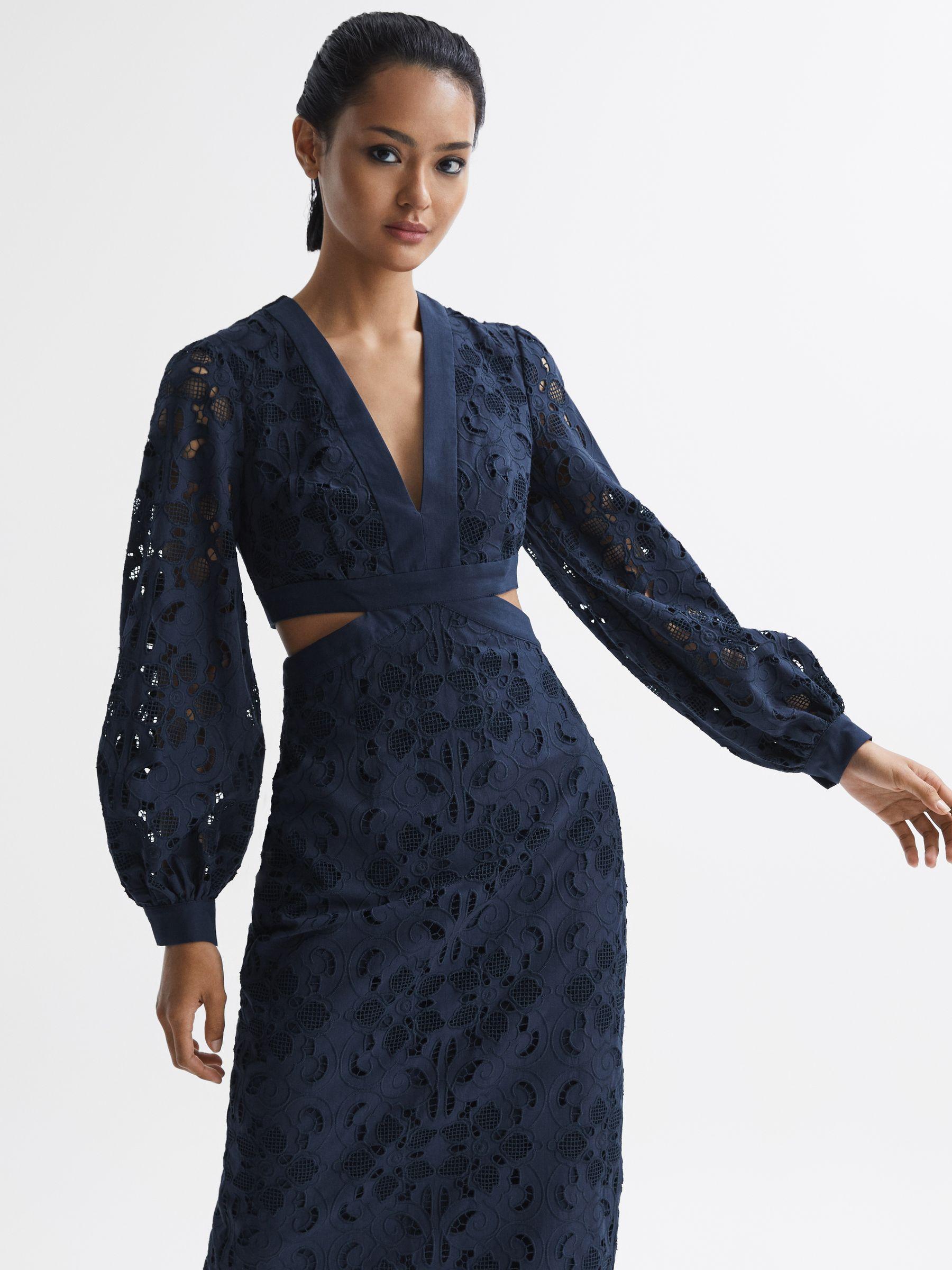 Lace Cut-Out Midi Dress in Navy Product Image