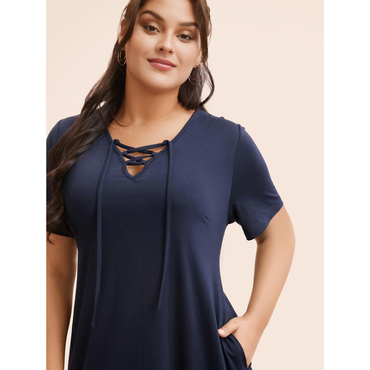 Plus Size Solid Lace Up Pocket Midi Dress Indigo Women Casual Wraparound straps V-neck Short sleeve Curvy BloomChic 12/L Product Image