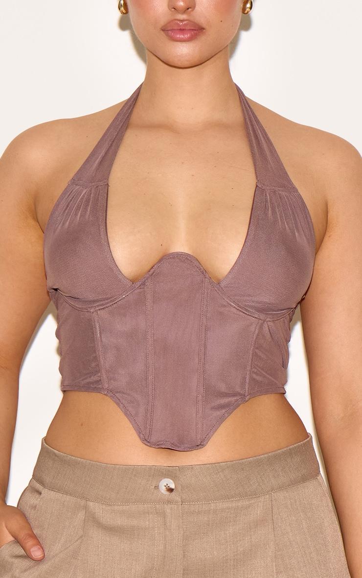 Shape Brown Double Layered Mesh Tie Neck Corset Top Product Image