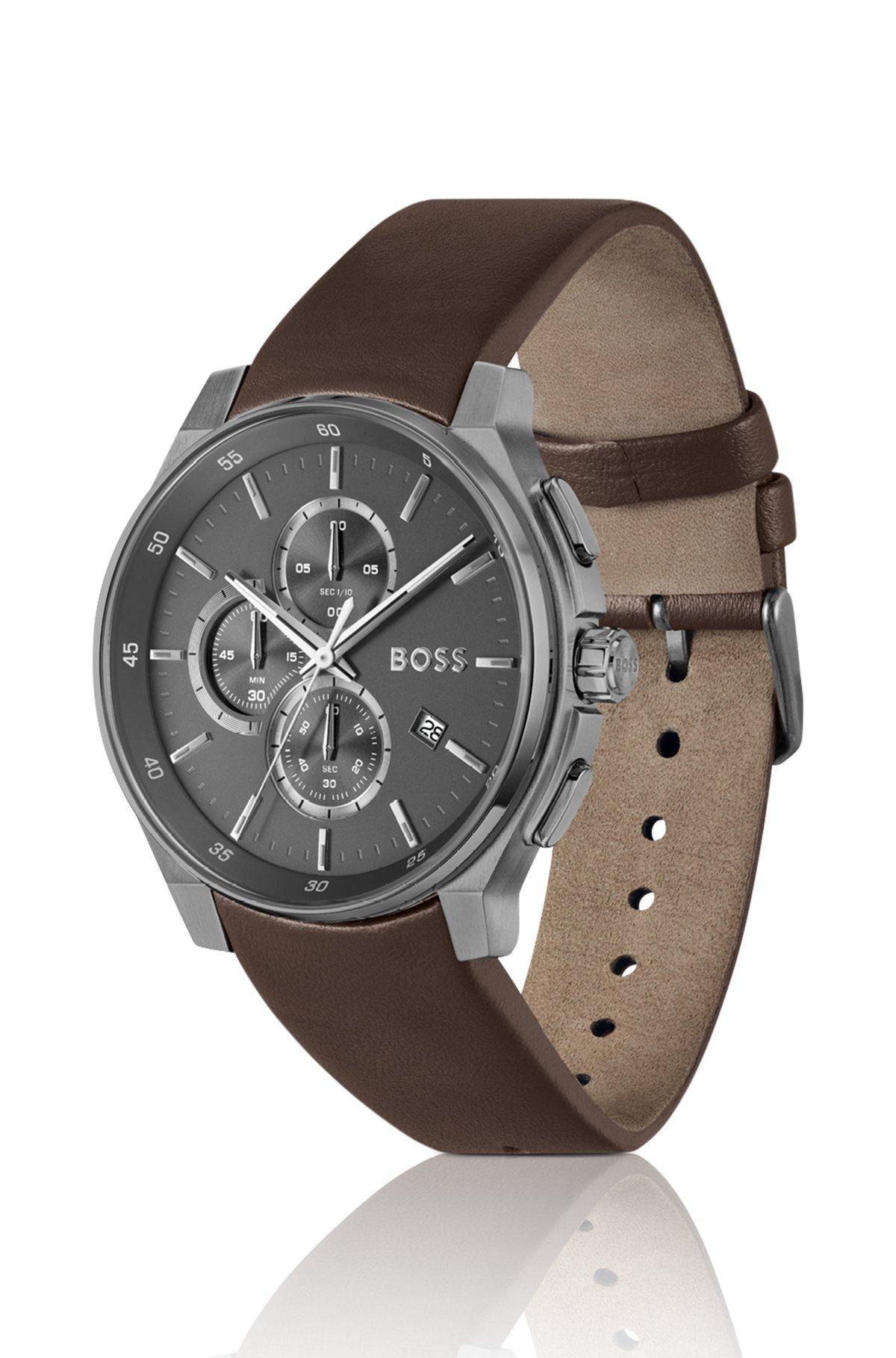 BOSS - Gray-plated chronograph watch with leather strap Product Image