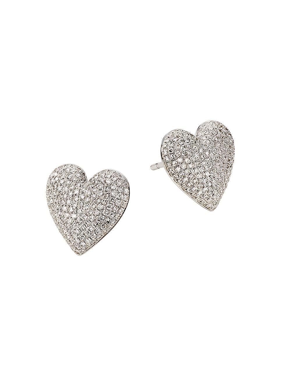 Womens 14K White Gold & 0.62 TCW Diamond Heart Stud Earrings Product Image