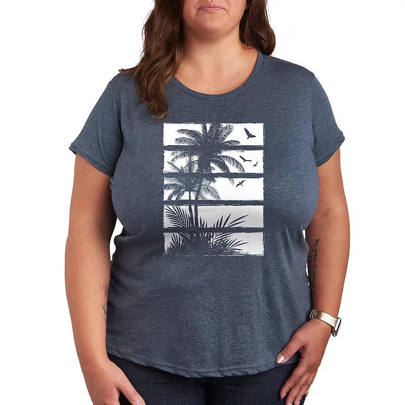 Plus Palm Tree Silhouette Panels Graphic Tee, Women's, Size: 2XL, Grey Blue Product Image