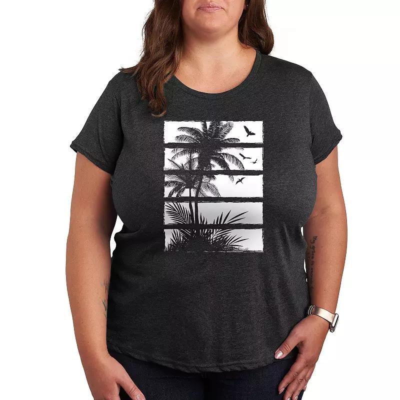 Plus Palm Tree Silhouette Panels Graphic Tee, Women's, Size: 2XL, Grey Blue Product Image