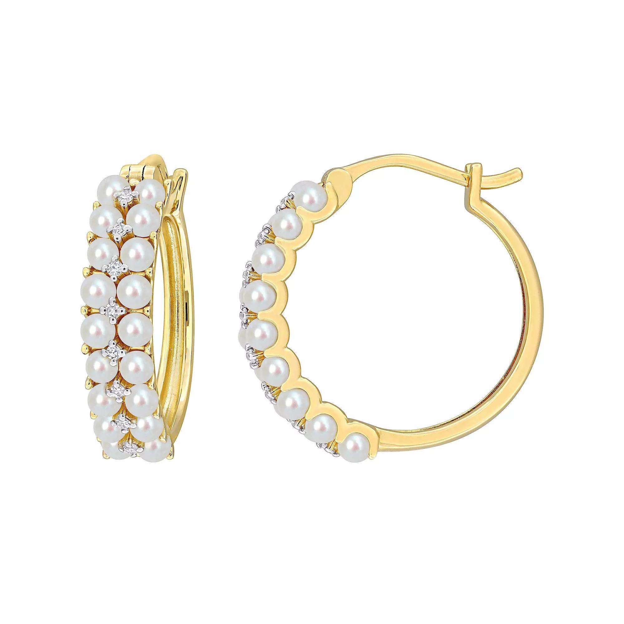 Stella Grace 14k Gold Freshwater Cultured Pearl & 1/10 Carat T.W. Diamond Hoop Earrings, Women's Product Image