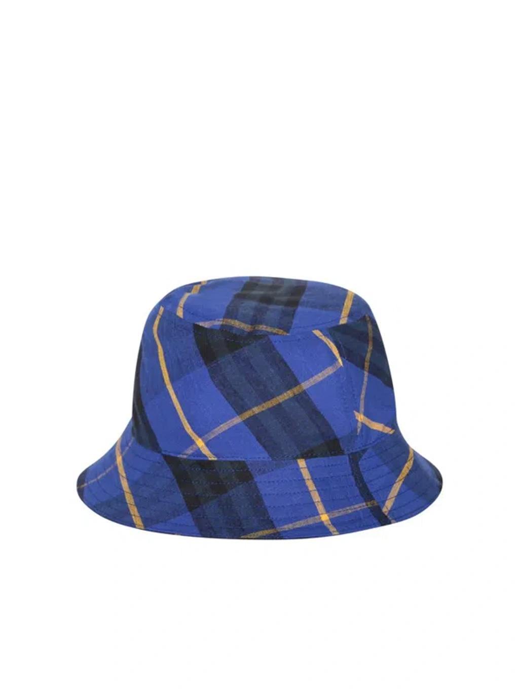 BURBERRY Checked Cotton Bucket Hat In Blue Product Image