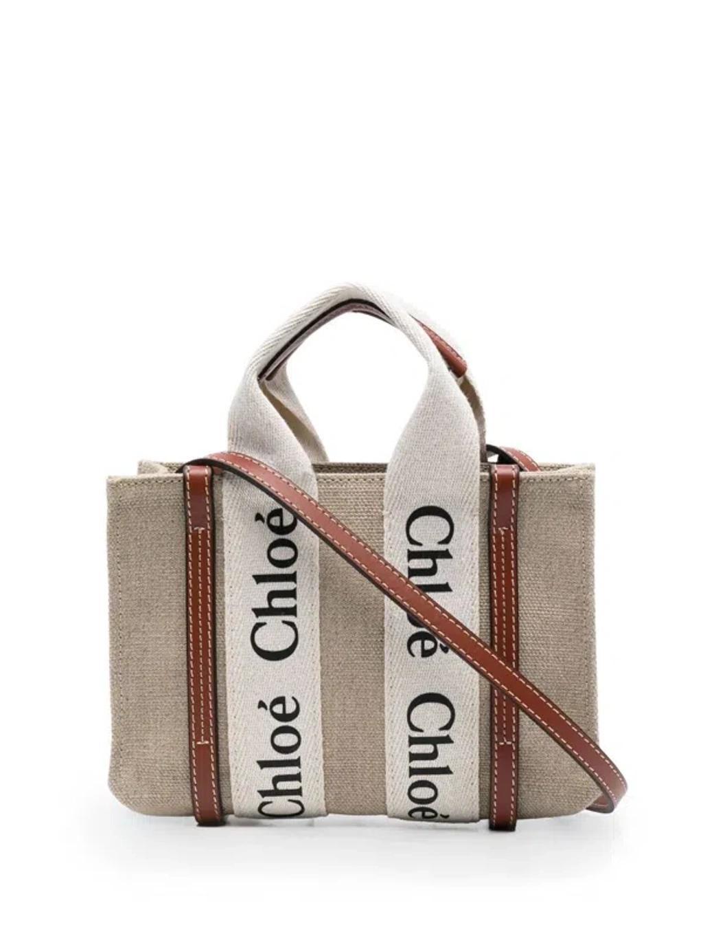 CHLOÉ Woody Linen Tote Bag In Brown Product Image