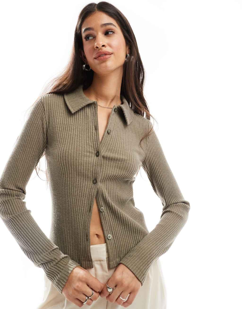 ASOS DESIGN supersoft cropped ribbed collar cardigan in taupe heather Product Image