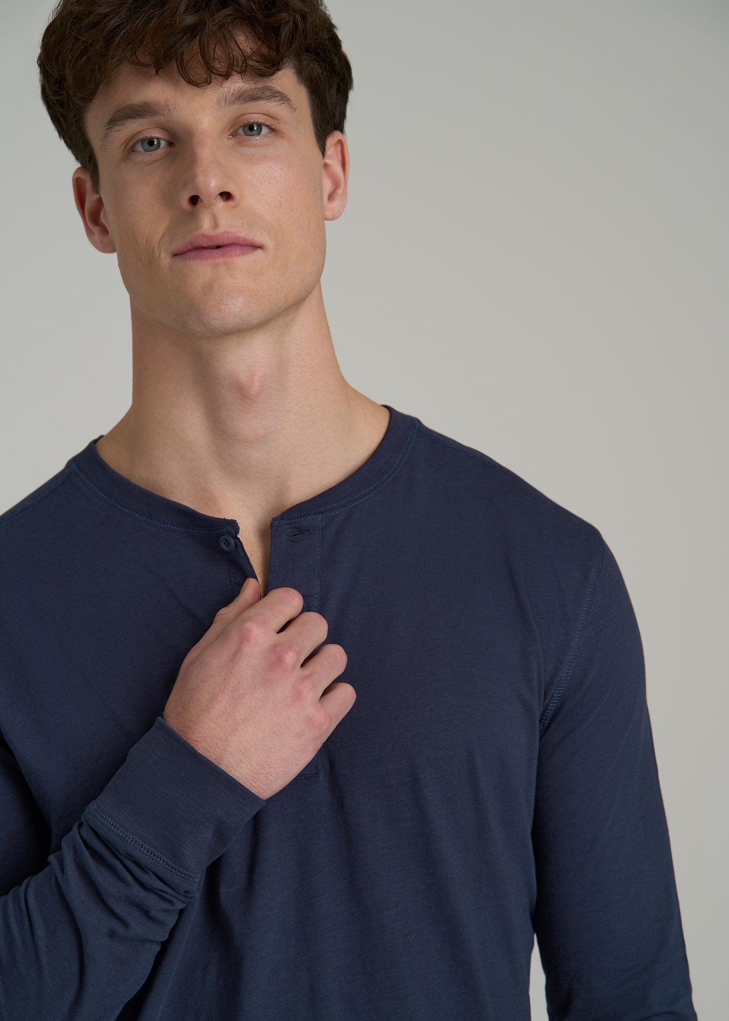 Three-Button Long Sleeve Slub Henley for Tall Men in Navy Male Product Image