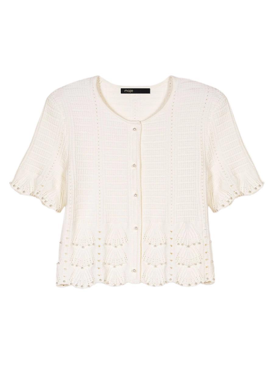 Womens Beaded Pointelle Knit Short Sleeve Cardigan Product Image