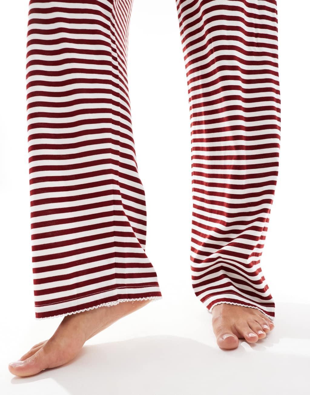 ASOS DESIGN Tall mix & match pajama pants with exposed waistband and picot trim in burgundy stripe Product Image