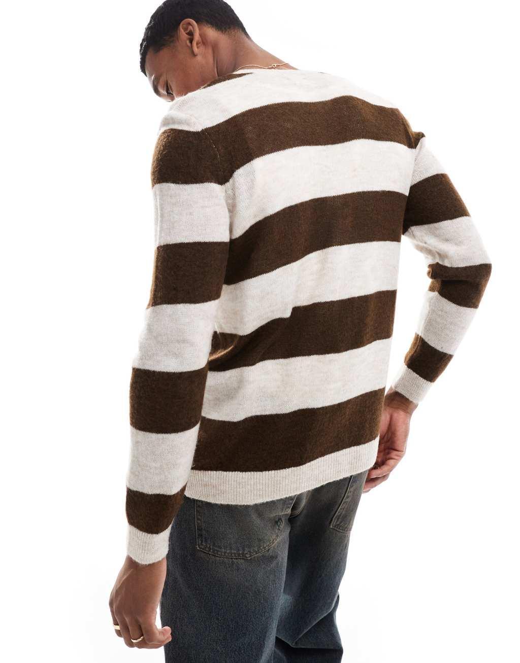 ASOS DESIGN knit textured cardigan with stripe pattern in brown Product Image