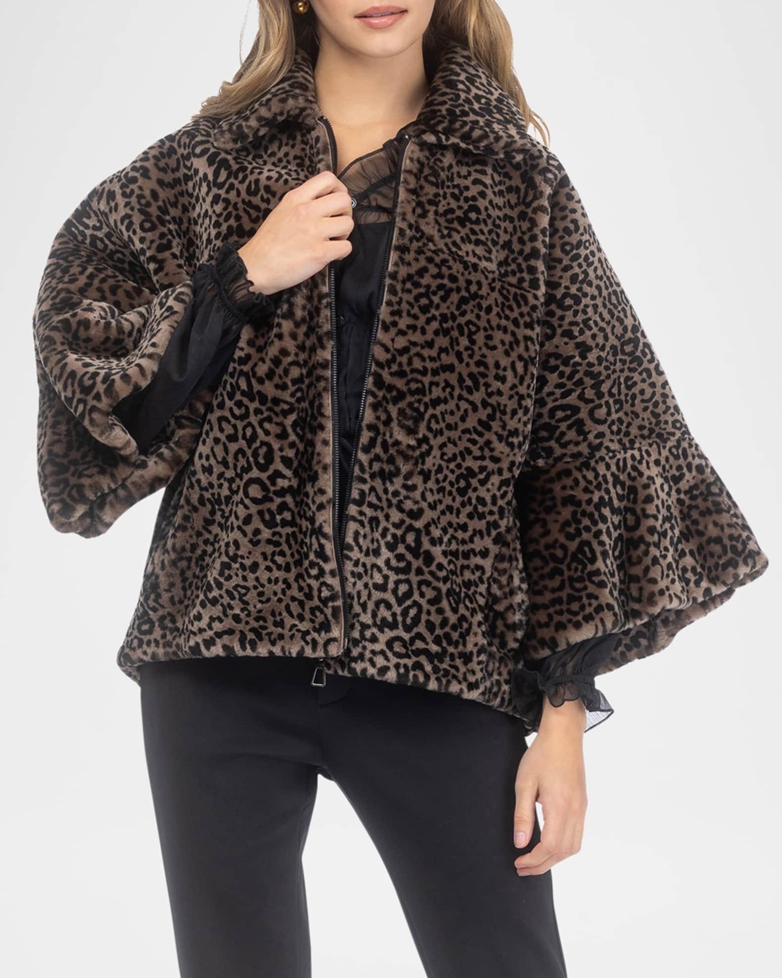 Leopard-Print Shearling Lamb Zip Jacket With Cropped Sleeves Product Image
