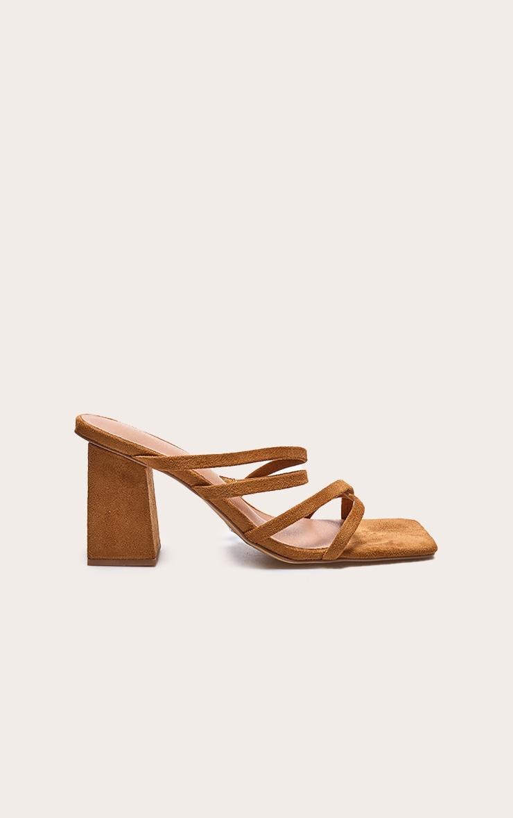 Tan Faux Suede Square Toe Strappy Block Heel Mules Product Image
