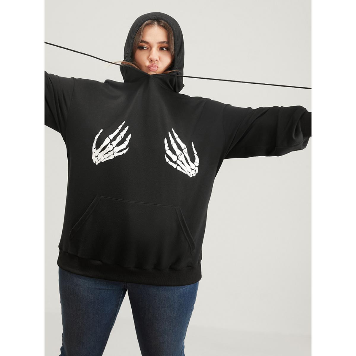 Plus Size Halloween Skeleton Hand Print Pocket Drawstring Hooded Sweatshirt Women Black Casual Pocket Loose Hooded Dailywear Sweatshirts BloomChic 28/5X Product Image