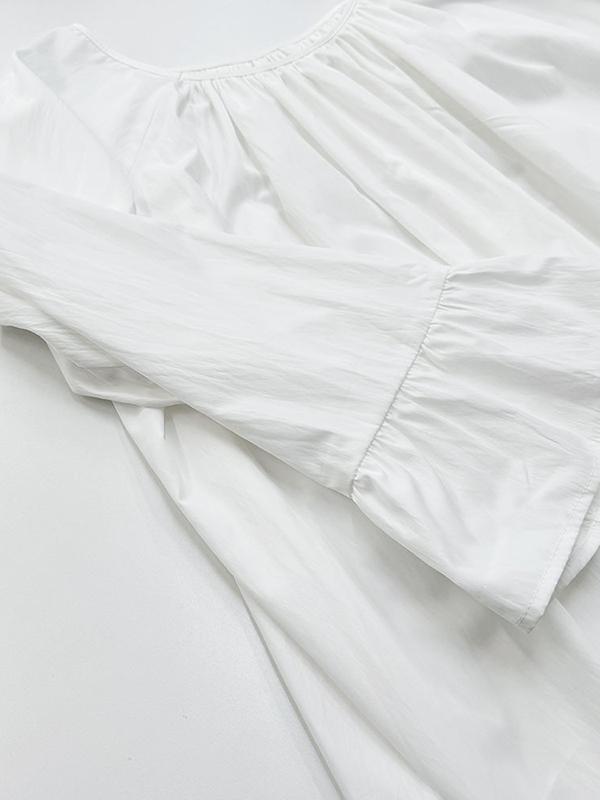 Flared Sleeves Loose Pleated Solid Color Split-Joint Round-Neck Maxi Dresses Product Image