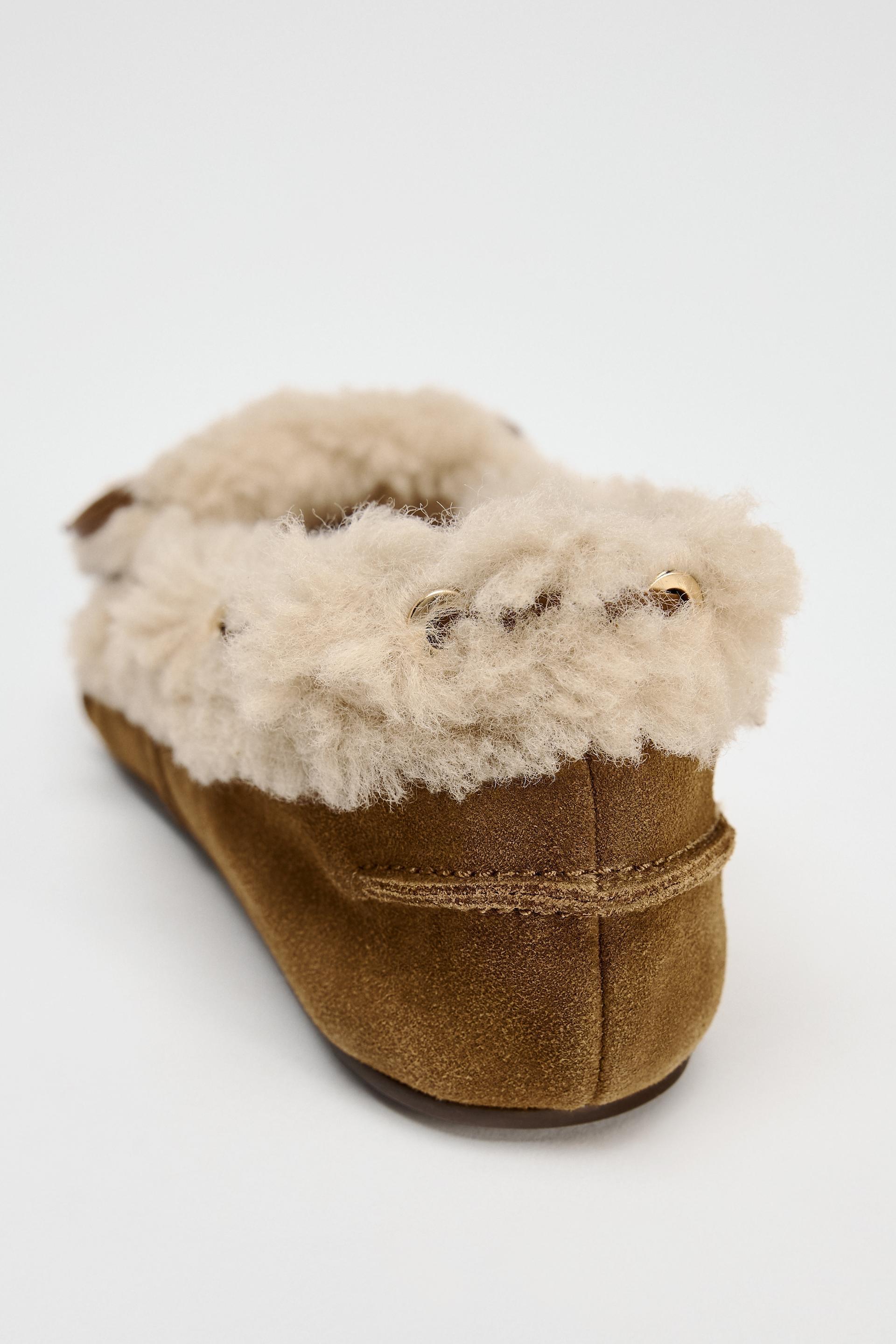 SUEDE LEATHER FAUX FUR FLAT SHOES Product Image