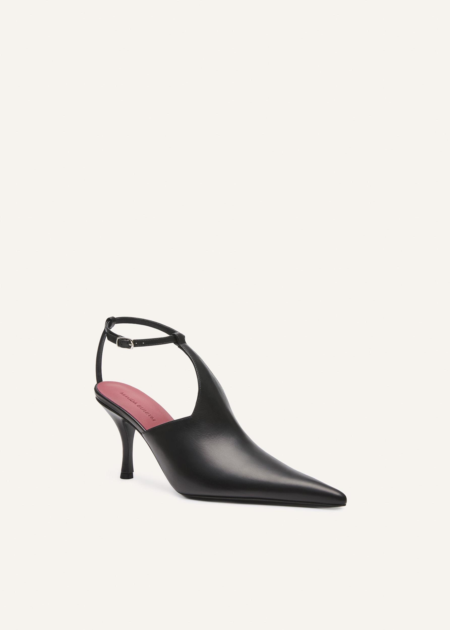 Ankle-strap pointed heels in black leather Product Image