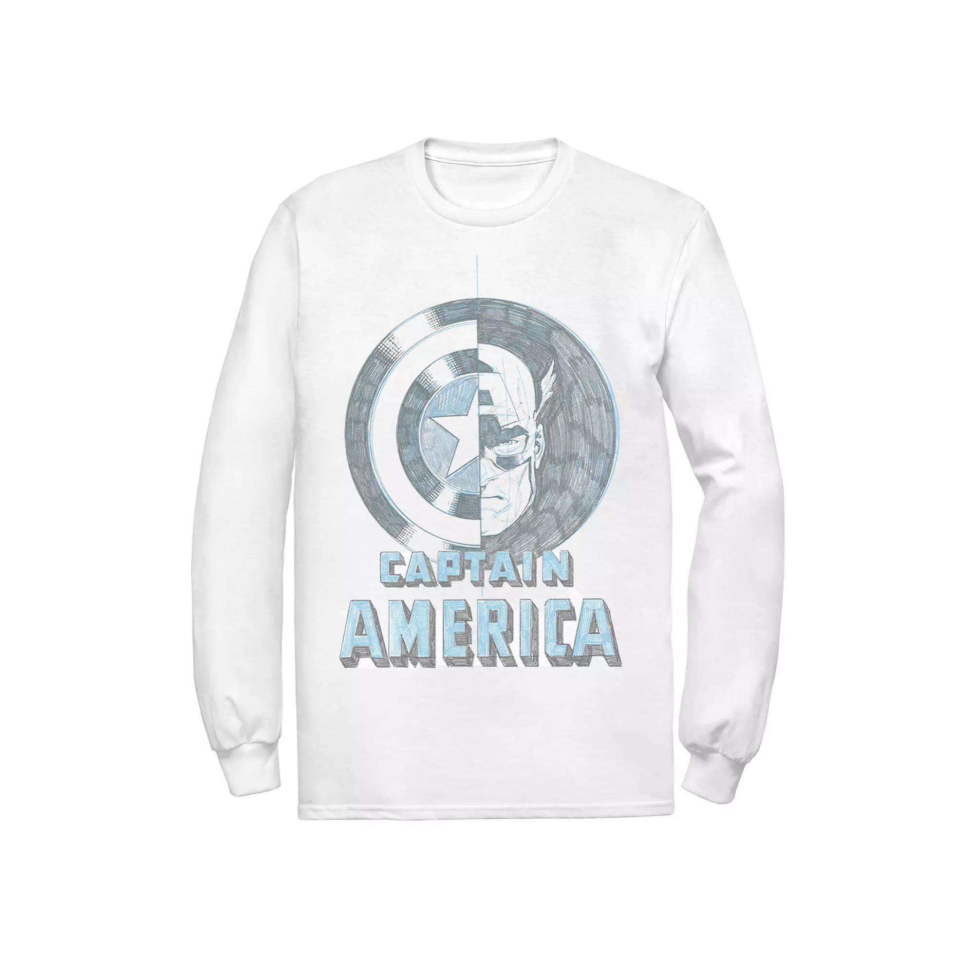 Men's Marvel Captain America Half Face And Shield Portrait Long Sleeve Graphic Tee, Size: Small, White Product Image