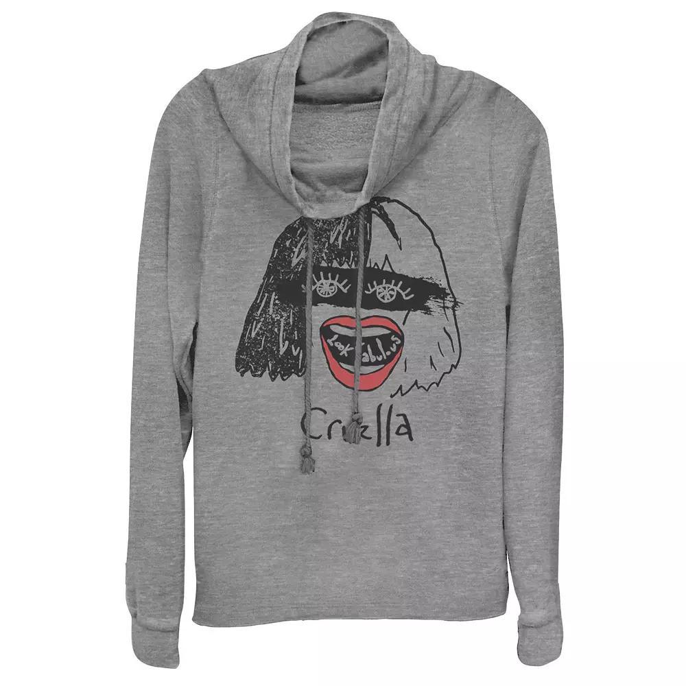 Disneys Cruella Juniors Look Fabulous Sketch Cowlneck Graphic Lightweight Long Sleeve, Girls Gray Grey Product Image