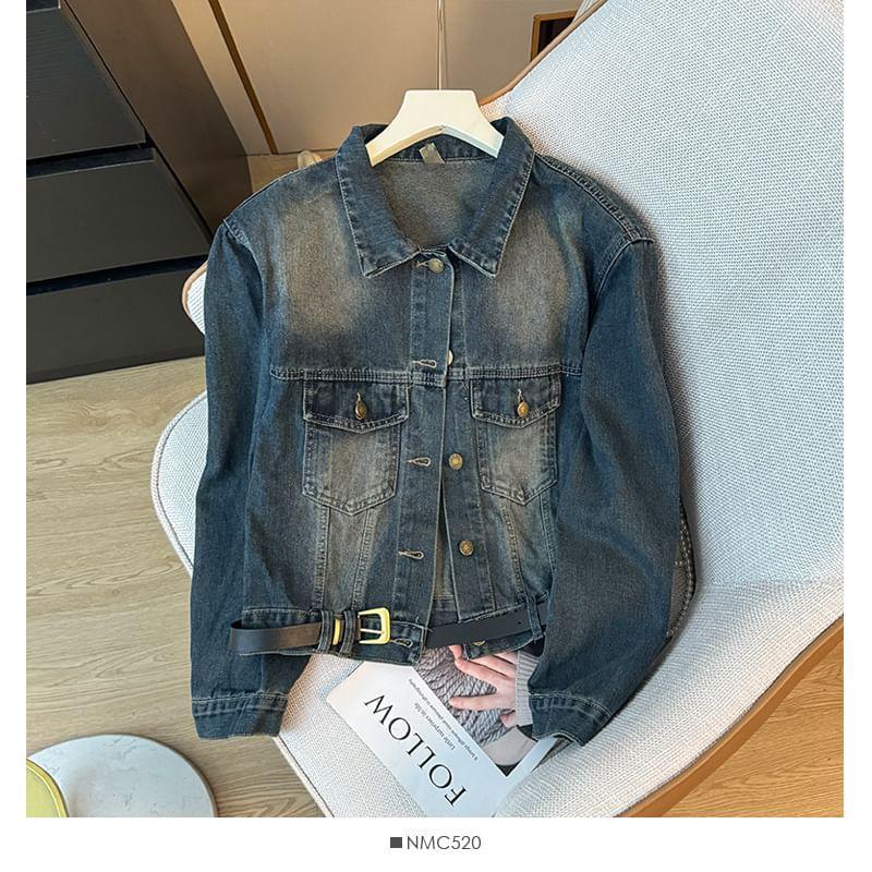 Washed Denim Trucker Jacket with Belt Product Image