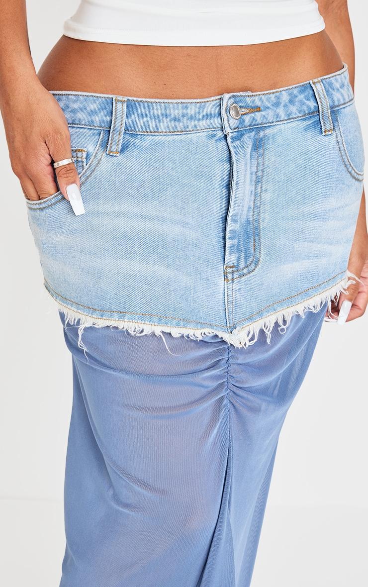 Shape Blue Mesh Detail Denim Maxi Skirt Product Image