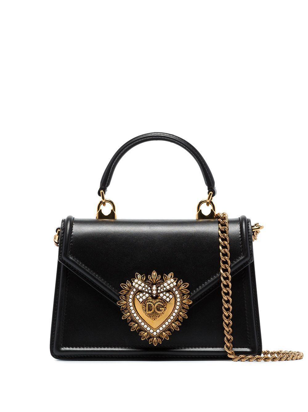 DOLCE & GABBANA Elegant Calf Leather Shoulder Bag With Iconic Heart Emblem And Chain Strap In Black Product Image