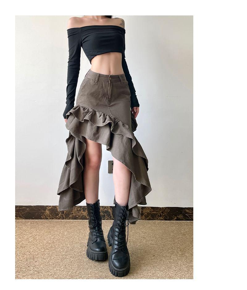 High Waist Plain Asymmetrical Ruffle Trim Midi A-Line Skirt Product Image