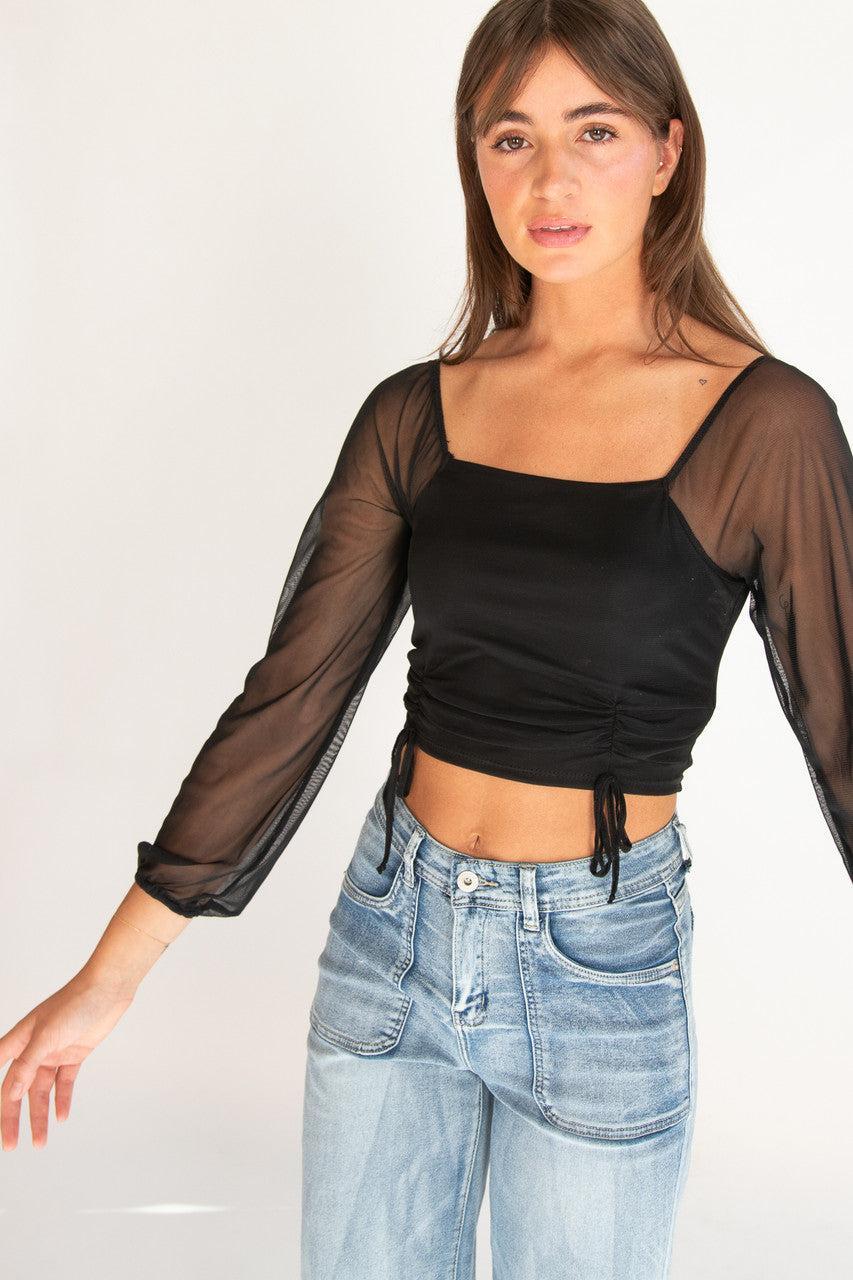 Mesh Ruched Front Long Sleeve Top Product Image