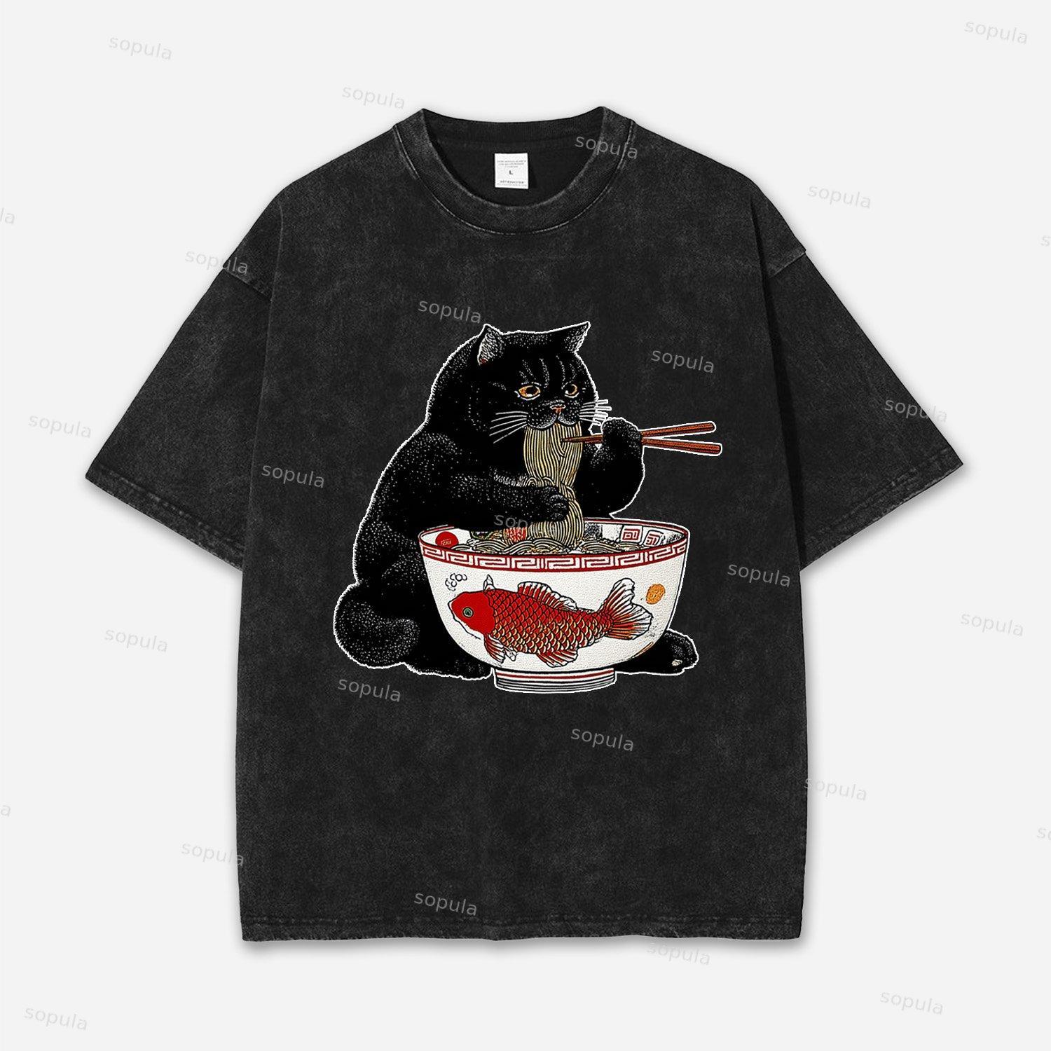 Fat Cat Eating Ramen Acid Washed T-shirt Product Image
