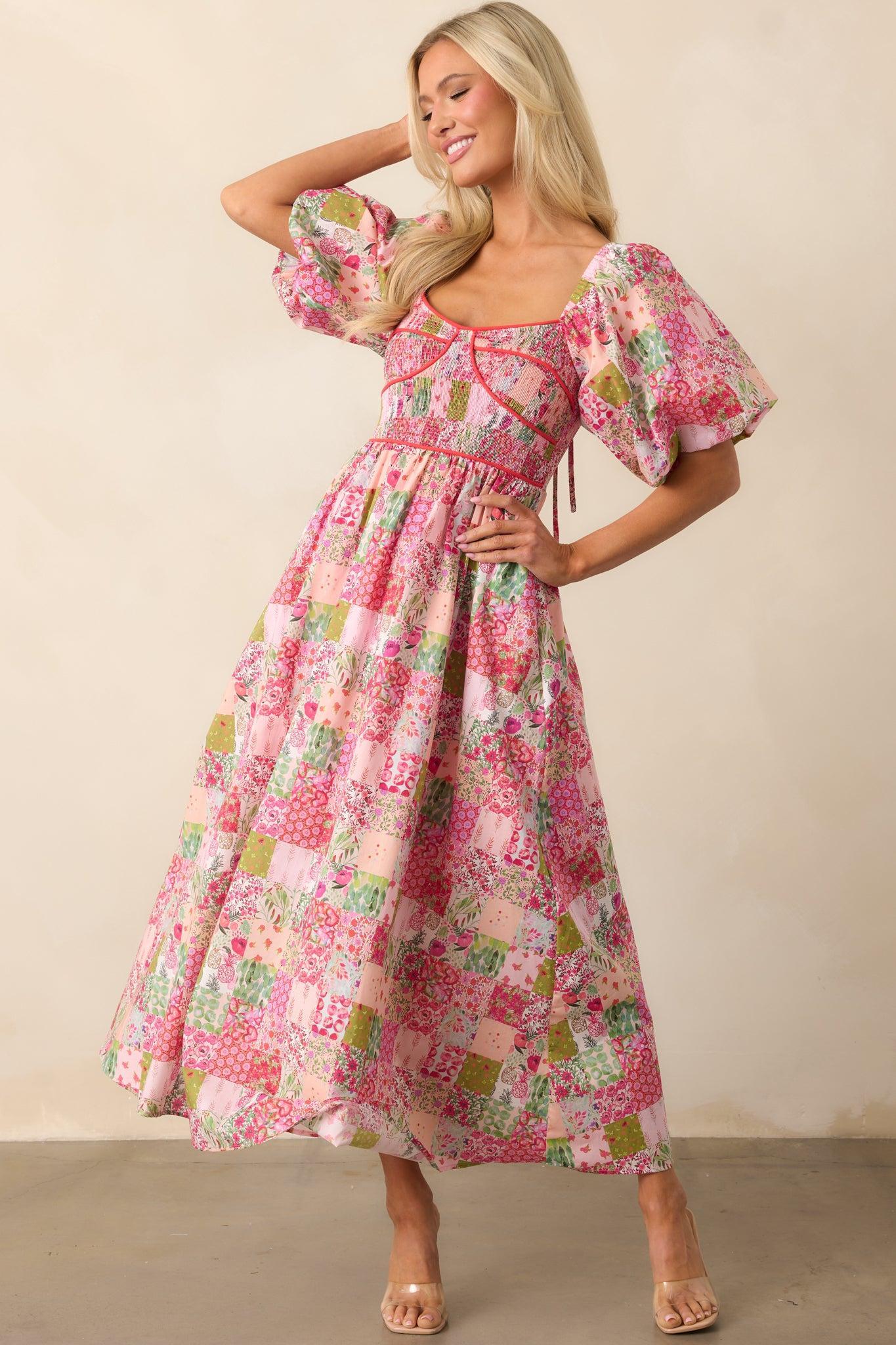 In My Free Time Pink Cotton Patchwork Maxi Dress Product Image