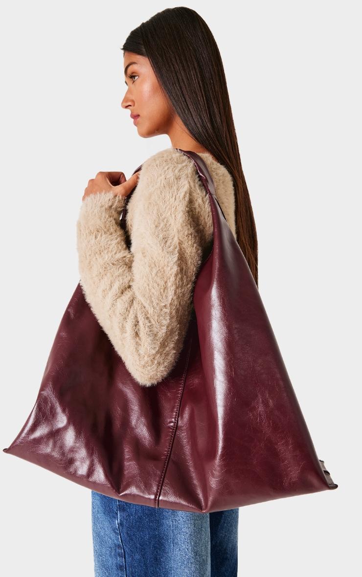 Burgundy Crinkle PU Oversized Slouchy Tote Bag Product Image