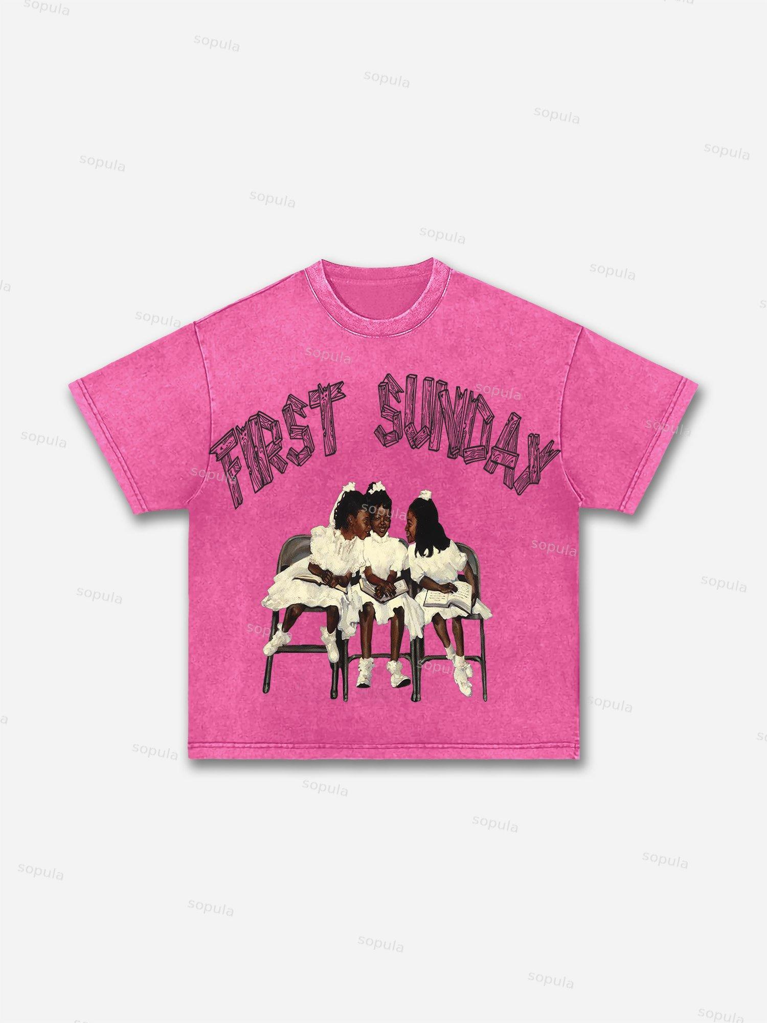 First Sunday Retro Graphic Print Acid Washed T-Shirt Product Image