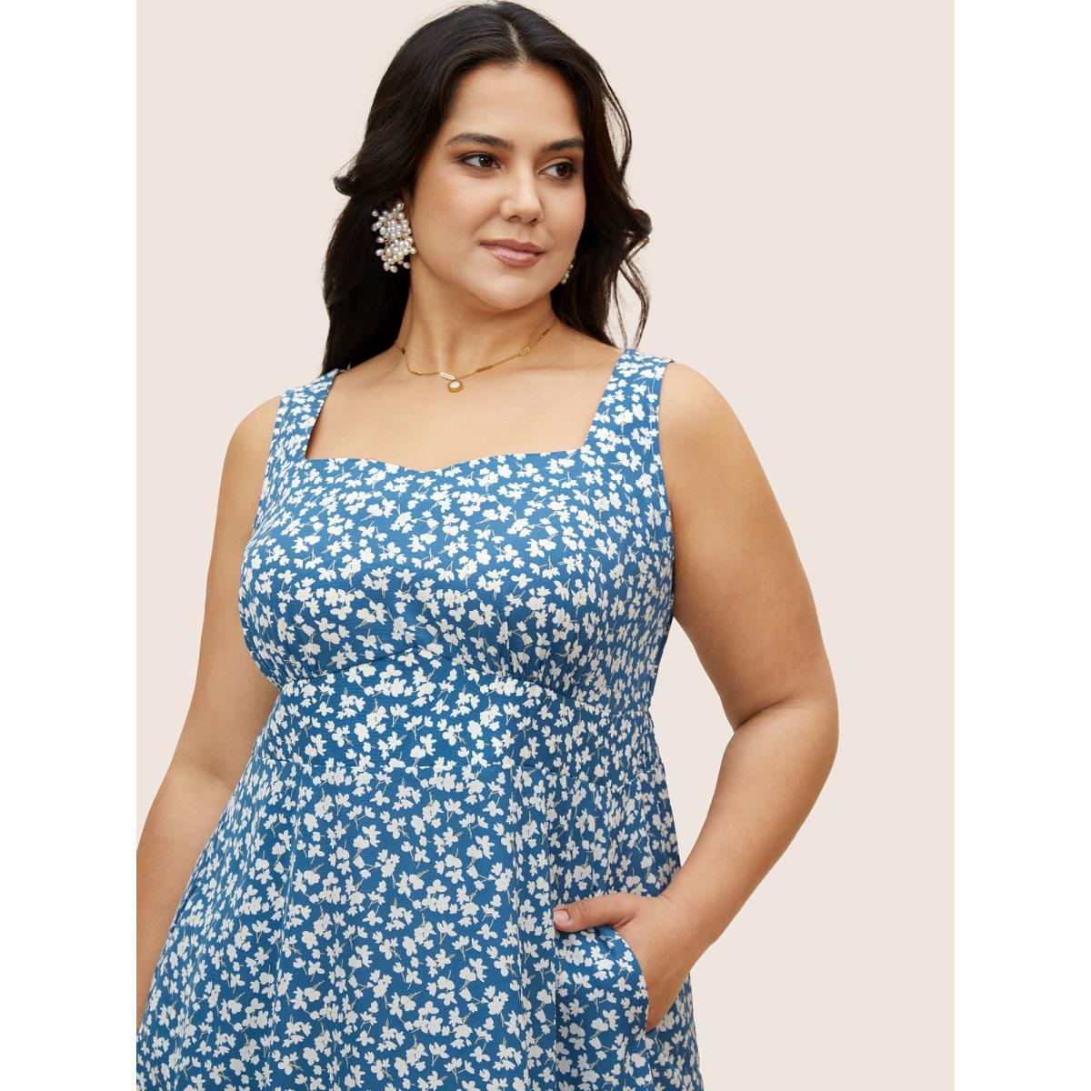 Plus Size Square Neck Ditsy Floral Shirred Dress Blue Women Elegant Shirred Square Neck Sleeveless Curvy BloomChic 18-20/2X Product Image