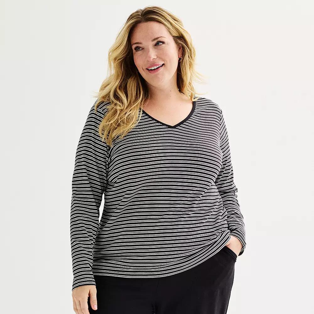 Plus Size Croft & Barrow® Essential V-Neck Top, Women's, Size: 1XL, Black Neat Stripe Product Image