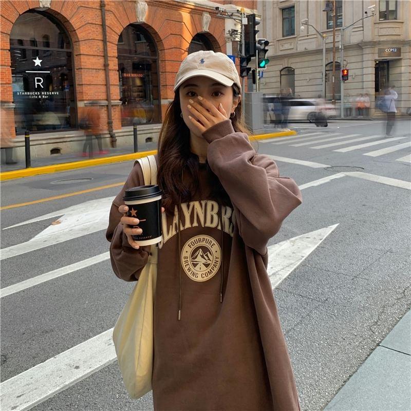 Long Sleeve Lettering Print Slit Fleece-Lined Midi A-Line Hoodie Dress Product Image