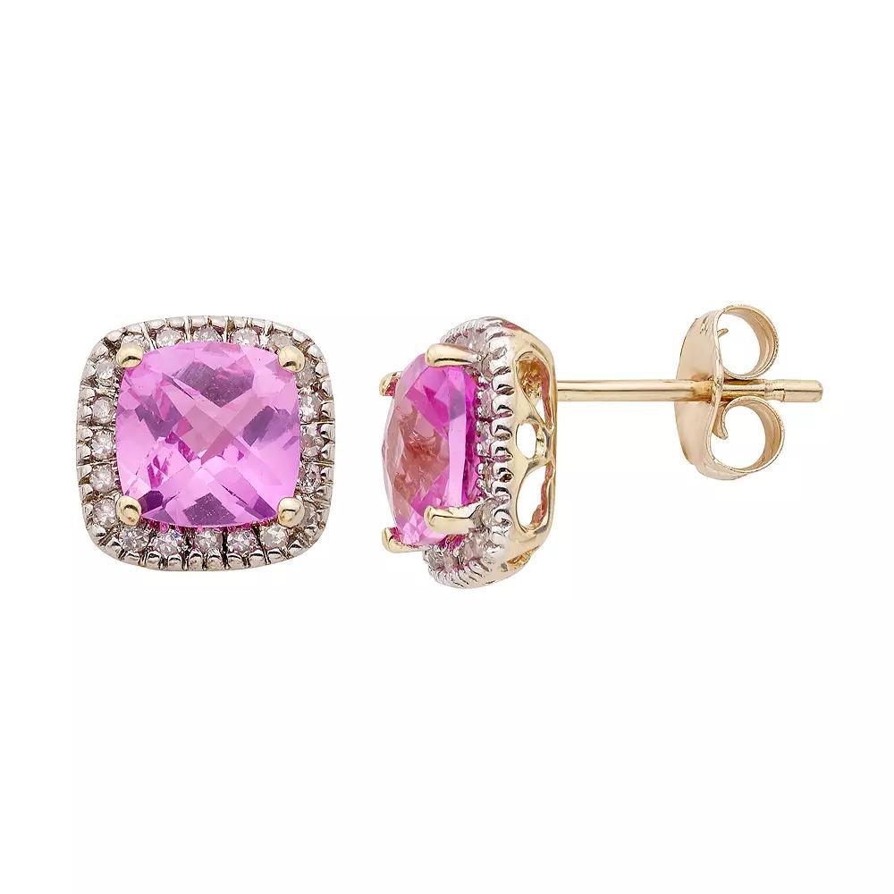 Lab-Created Pink Sapphire and 1/6 Carat T.W. Diamond 10K Gold Halo Button Stud Earrings, Women's, Yellow Product Image